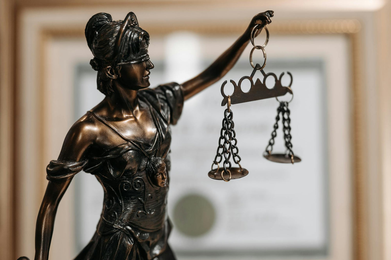 Statue de Lady Justice en bronze tenant la balance de la justice — illustration de la législation française sur le CBD en 2026