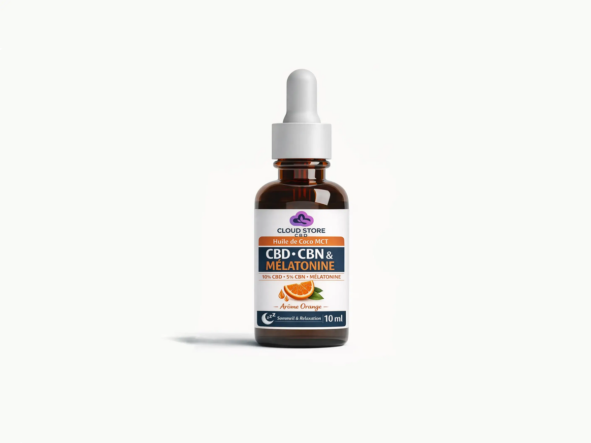 Huile CBD 10% et CBN 5% avec mélatonine, base MCT coco, flacon compte-gouttes 10 ml, extraction CO2, arôme orange, spécial sommeil