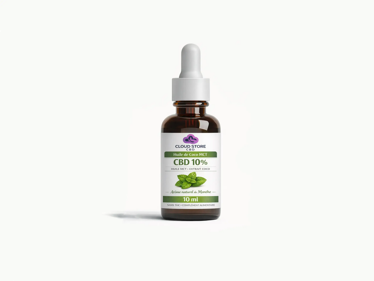 Huile CBD 10 % à la menthe sur base MCT coco, absorption rapide, flacon compte-gouttes 10 ml, extraction CO₂.