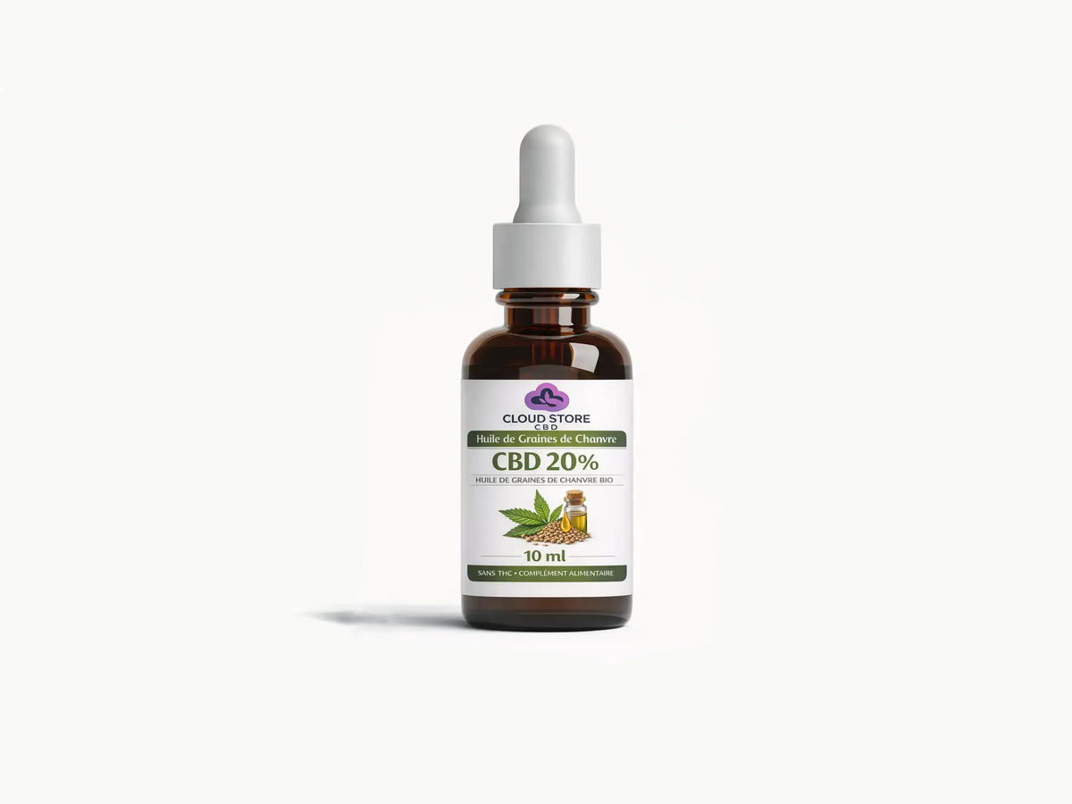 Huile CBD 20 % formulée sur une base HSO de graines de chanvre, goût authentique, extraction CO₂ supercritique, flacon 10 ml.